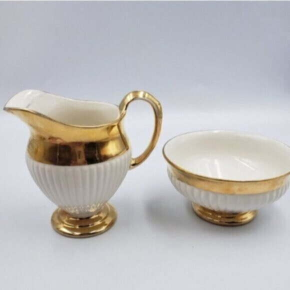 Vintage Royal Winton Grimwades Sugar Bowl & Creamer White Ribbed Golden Trim - Picture 8 of 16